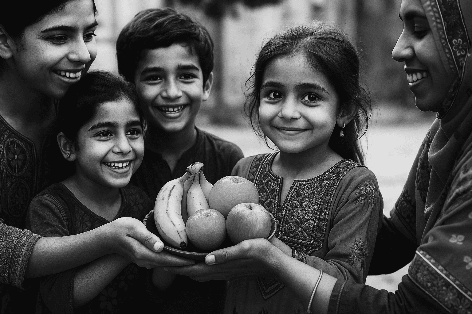 Children sharing fruits together