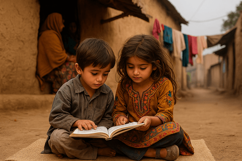Child with educational materials